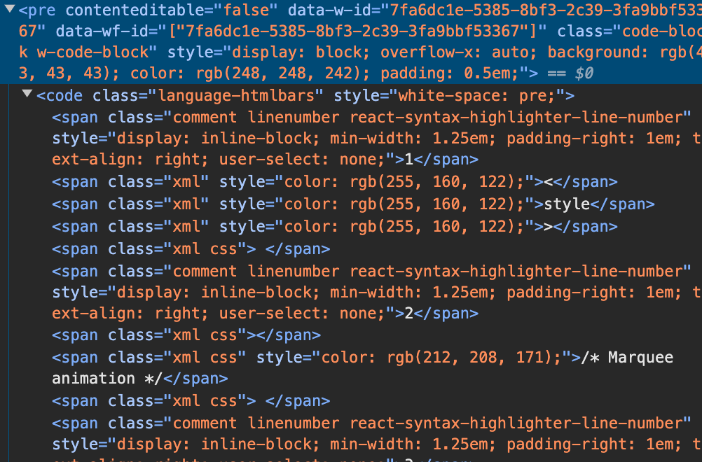 Inspecting the code block element in Webflow Designer